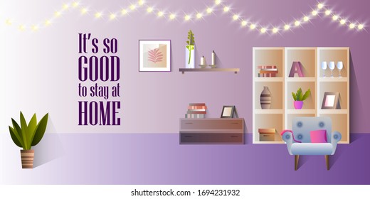 Cozy vector interior with square shelves, house plants, armchair, pillow, bedside table, books, garland. Quarantine banner with comfortable living room in flat style. Background with copy space