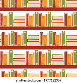 A cozy vector pattern made up of stacks of books on bookshelves. Seamless illustration from the shelves that make up the library for printing prints on fabric, gift packaging, postcards, accessories. 