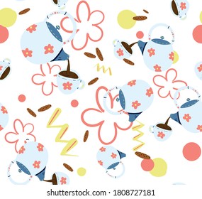 Cozy vector pattern with tea, teapot, flowers, biscuits, cookies.