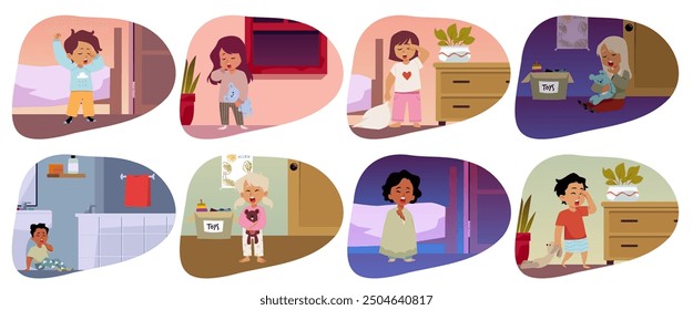 Cozy vector scene before going to bed with sleepy boys and girls in pajamas on the background of the Children's room, bathroom. Perfect for stickers for kids