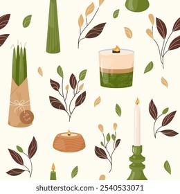Cozy vector seamless pattern showcasing green leaves paired with decorative pine-scented candles. Design evokes warm, inviting atmosphere, ideal for nature-inspired projects, print, fabric home decor