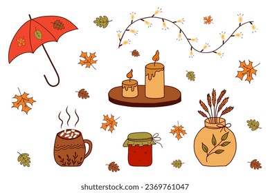 Cozy vector set of autumn icons: falling leaves, garland, berries, candles, umbrella, rubber boots, cocoa mug with marshmallows. Collection of fall elements for scrapbooking. Vector.