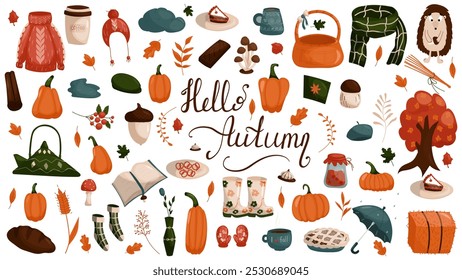 Cozy vector set of autumn icons, pumpkin,autumn leaves, berries, acorns, umbrella, rubber boots. Collection of fall elements for scrapbooking. Bright background for harvest time.