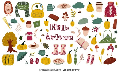 Cozy vector set of autumn icons, pumpkin,autumn leaves, berries, acorns, umbrella, rubber boots. Collection of fall elements for scrapbooking. Bright background for harvest time.