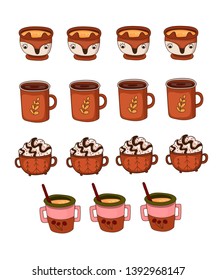Cozy vector set of warm shades of brown color mugs, with delicious hot chocolate and fragrant tea. Vector illustration