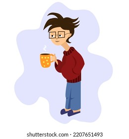 Cozy vibe. Home mood. Character in a cozy sweater and with a cup of coffee. Distant work. Online education. Vector illustration in a flat style.