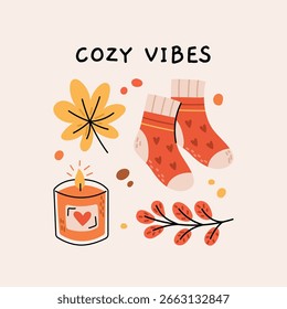 Cozy vibes poster template. Fall season greeting card. Thanksgiving invitation. Autumn mood minimalist postcard nature with knitted socks, leaves, candle. Flat vector illustration.