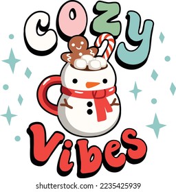 Cozy Vibes Retro Snowman Mug Christmas Vector graphic