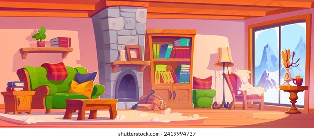 Gemütliche Dorfhütte im Inneren mit Wintergipfeln mit Schneelandschaft außerhalb Fenster, Holzmöbel und Kamin, Bücher im Schrank und auf Regalen. Cartoon Vektorchalet oder Hotelzimmer innen.