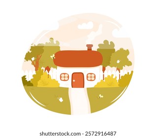 Cozy village house isolated on white background in circle frame. Vector illustration in hand drawn flat cartoon style. Summer or spring countryside landscape. Rural scenery. Cozy cottage with garden