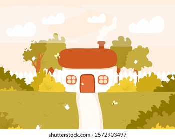 Cozy village house. Summer or spring countryside landscape with green trees and bushes. Rural scene with cute cottage. Vector illustration in hand drawn flat cartoon style