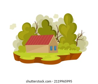 Cozy village house with triangle roof and windows surrounded by lush green summer trees park. Cosiness hut in forest wilderness garden landscape. Home building at eco nature scenery flat vector