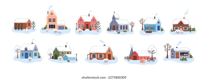 Cozy village houses on winter holiday. Small country homes, little countryside buildings exterior with chimney and roofs covered with snow. Flat vector illustrations isolated on white background