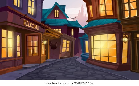 Cozy village at sunset with glowing windows. Cartoon vector illustration of old town medieval street with bar, stores in the evening. Empty old cilty streets with enchantment and mystery.