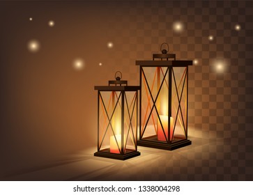 Cozy Vintage Candle Lanterns On Dark Transparent Background. Vetor Photo Realistic Illustration