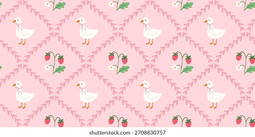 Cozy vintage cottage seamless pattern with duck and strawberries