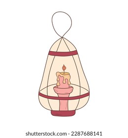 Cozy vintage lamp with a burning candle and flowing wax. Old pendant lamp. Hand drawn illustration in doodle style.