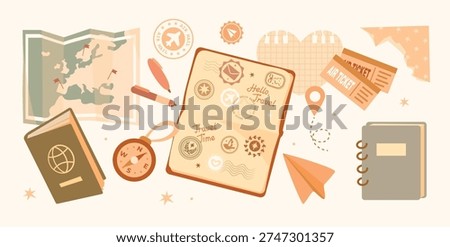 Cozy vintage scrapbook set on the theme of travel in warm retro colors. Open passport with cute stamps, map, compass, book. Great for digital scrapbooking, journaling, planners, stickers.