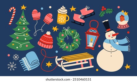 Cozy vintage winter elements. Snowman, snowball, cacao mug, sleigh, wreath, mittens, ice skates, snowflakes, lantern etc.