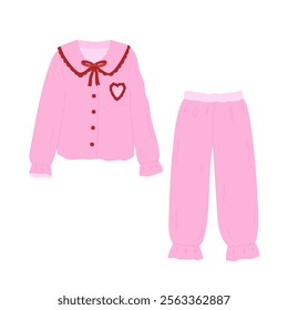 Cozy vintage woman homewear. Coquette pink comfy pajamas, shirt with beautiful collar and pants decorated red bow and heart. Vector flat illustration isolated on white background