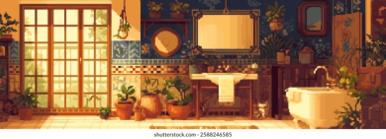 A cozy, vintage-style bathroom featuring a large window with sunlight streaming in, potted plants, a freestanding bathtub, and decorative tiles. The warm color palette creates a serene atmosphere.