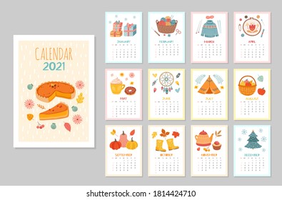 Cozy wall calendar 2021. Monthly calendars, styling home hygge schedule. Flat season planner with coffee plants warm clothes vector template