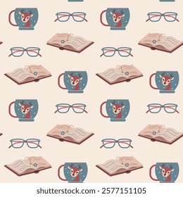 Cozy wallpaper with a open book, cup with a fawn and stylish glasses. Vector seamless pattern with objects of aesthetics of reading. Repeat texture for textile or wrapping paper. Hobby and rest.