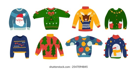 Cozy warm Christmas sweaters or jumpers knitwear with cute prints, ornaments and trendy holiday design isolated set. Winter fashion knitted woolen clothing with colorful patterns vector illustration