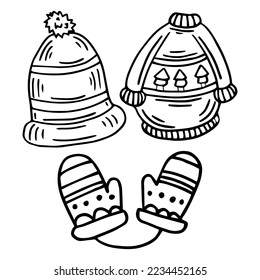 Cozy warm clothes doodle set. Winter design element isolated. Hygge set. 