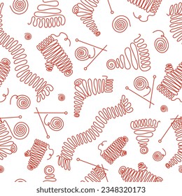 Cozy warm clothes, pattern. Knitting threads, jersey. One line drawings . Vector illustration with isolated background.