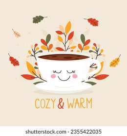 Gemütlich und warm. Cute Kaffeetasse mit Herbst Blätter Vektorgrafik. Gute Zeit. Herbstgrußkarte.