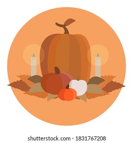 Cozy and warm festive equinox day table with pumpkins, candles and leaves in autumn shades in a round design