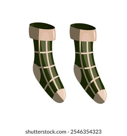 Cozy warm green socks clipart.Vector illustration isolated on white background. New Year and Christmas designs.