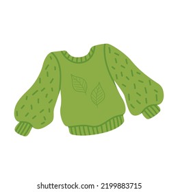 Cozy warm green sweater. Knitted warm clothing in cartoon flat style. Vector art isolated on a white background.