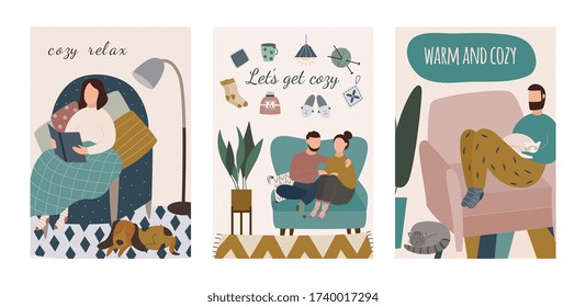 Cozy And Warm Home - Cartoon Card Set With With Cartoon People Sitting On Chairs Relaxing In Winter With Book Or Pet Animals. Vector Illustration Of Indoor Leisure.