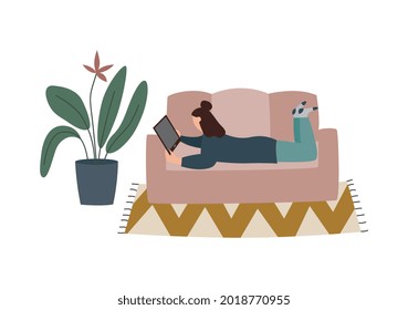 Cozy and warm home: a girl comfortably relaxes with a laptop on the sofa. Cute interior with indoor plant. Flat vector illustration of leisure.