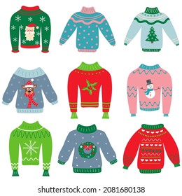 Cozy and warm knitted christmas sweaters set. Cartoon cute wool jumpers with different christmas pattern.