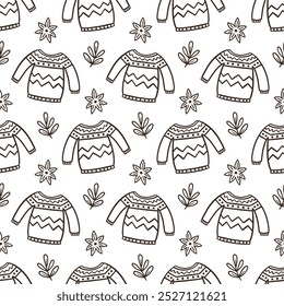 Cozy Warm Knitted Sweater Doodle Sketch Icons Seamless Pattern Background. Winter Handmade Clothing Fabric Print Vector Illustration. Vintage Retro Style