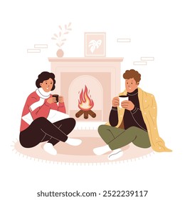 Homem e mulher aconchegantes e quentes bebendo café em casa. Ilustração para sites, landing pages, aplicativos móveis, cartazes e banners. Ilustração de vetor na moda plana