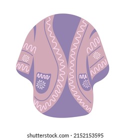 Cozy warm purple cardigan with snowflakes. Traditional winter warm clothes. Hand-drawn vector illustration.