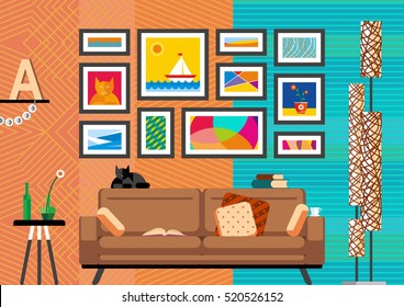 Cozy and warm resting place with colorful paintings on the wall, a sofa on legs, pillows, a cat, a flower and unusual floor lamp