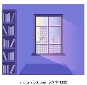 Cozy warm room with bookcase and a table. Window overlooking the winter city.