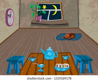 Cozy warm room. In the window, the star and the moon. On the table are a teapot, cups, a plate with donuts.