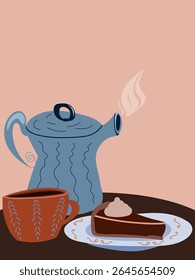 Ilustração de vetor acolhedor de uma cena quente com um bule de chá azul, caneca laranja e fatia de bolo de chocolate. Ideal para cartões sazonais, decoração de cozinha, arte de parede e projetos com tema de queda.