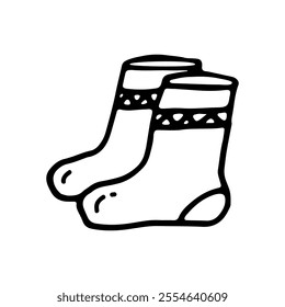 Cozy warm socks. A pair of knitted socks. Doodle. Vector illustration. Hand drawn. Outline.