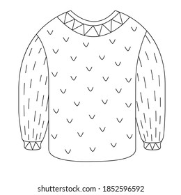 A cozy warm sweater for the cold winter in the style of Doodle. Vector illustration of a wool jumper with a decorative pattern. Black element on a white background