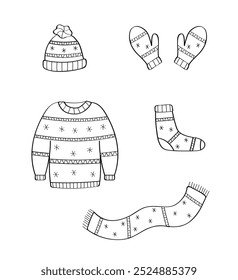 Cozy warm sweater, mittens, hat and scarf, socks doodle clipart. Vector illustration of winter clothes , New Year and Christmas designs. isolate on white