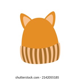 Cozy warm yellow hat with cat ears. Fun warm clothing isolated on white background. Flat vector cartoon illustration, clipart.