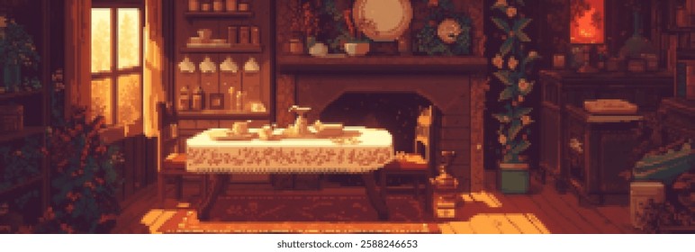 A cozy, warmly lit interior of a rustic kitchen with a wooden table set for a meal. The room features shelves filled with jars and kitchenware, a fireplace, and floral decorations.