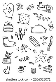 Cozy, Warmth, Comfy, Tranquility, Contentment Doodle Set. Concept Comfort And Relaxation Time. Hand Drawn Sketch Style. Pillow, Tea, Cake, Socks, Marshmellow, Candle Element. Vector Illustration On